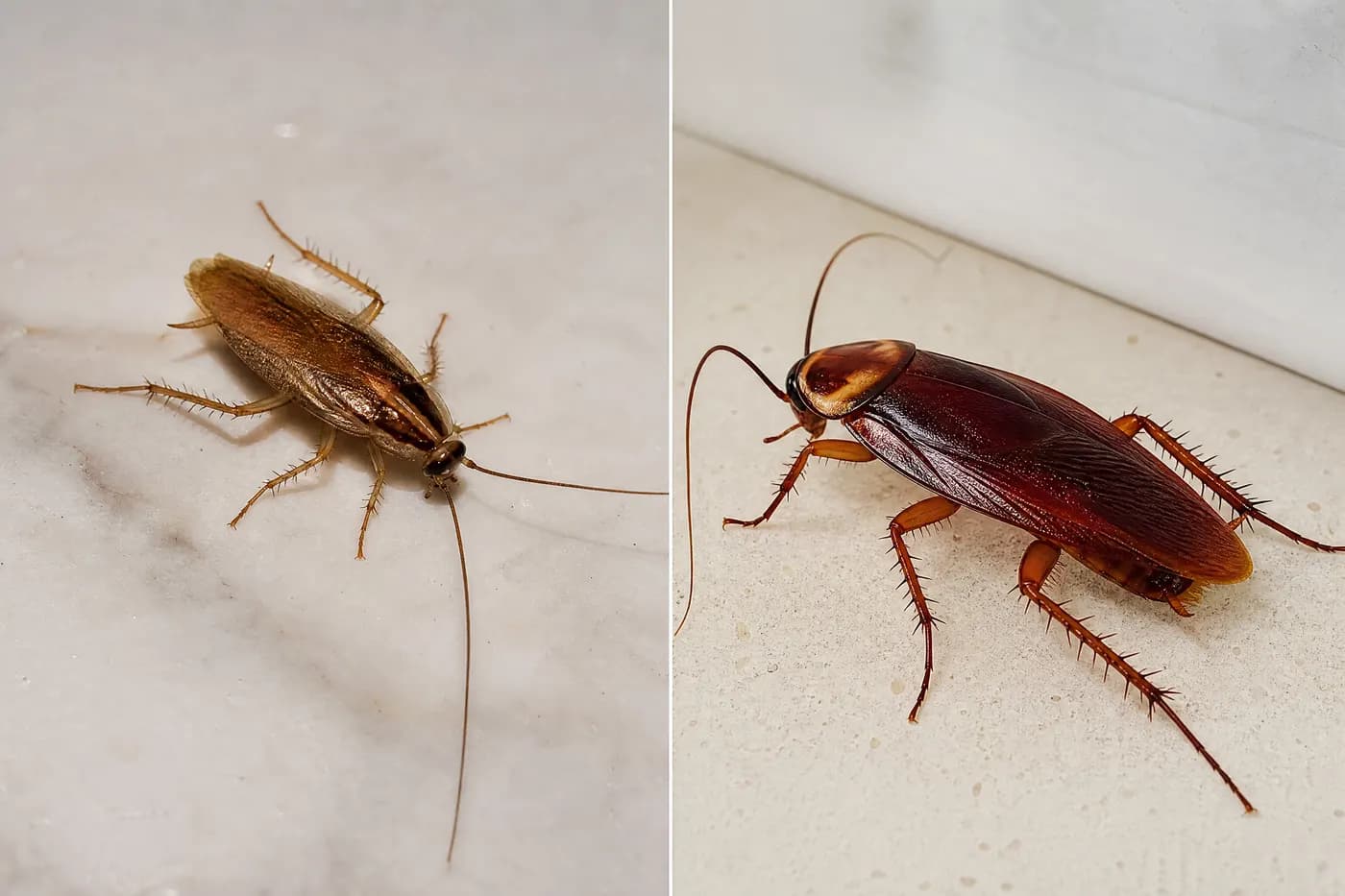 Cucaracha alemana pequeña junto a una cucaracha palmetto grande sobre una superficie de cocina