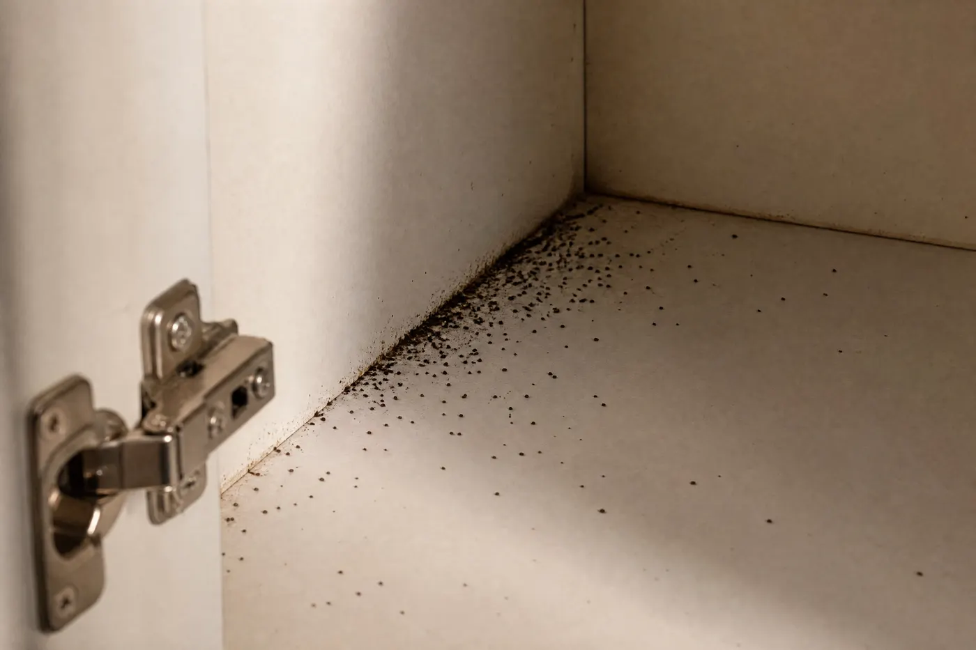 Excremento tipo pimienta acumulado en la esquina de un gabinete de cocina
