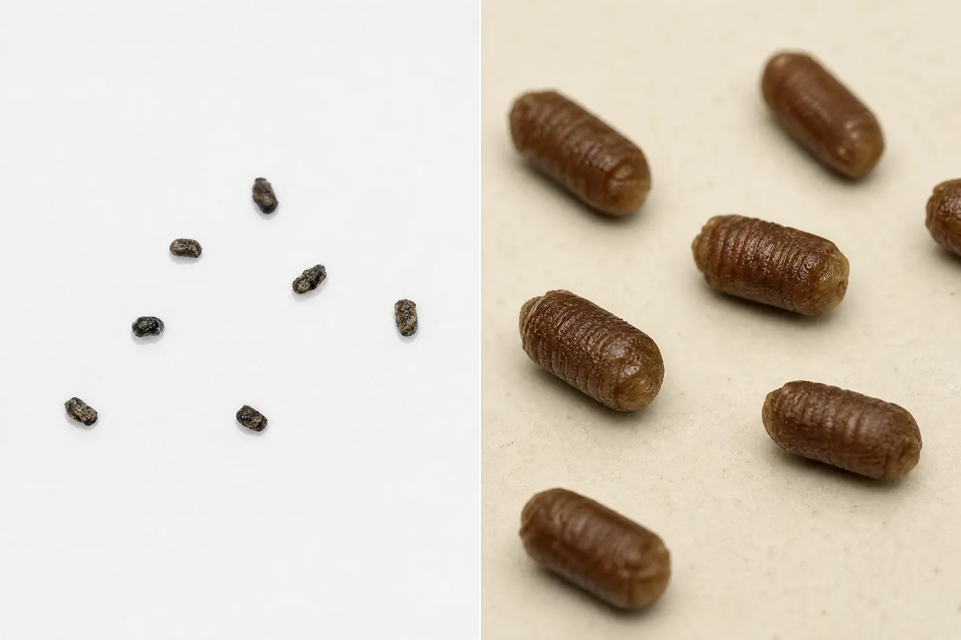 Puntos finos de cucaracha alemana junto a pellets cortos, romos y con surcos de una cucaracha grande