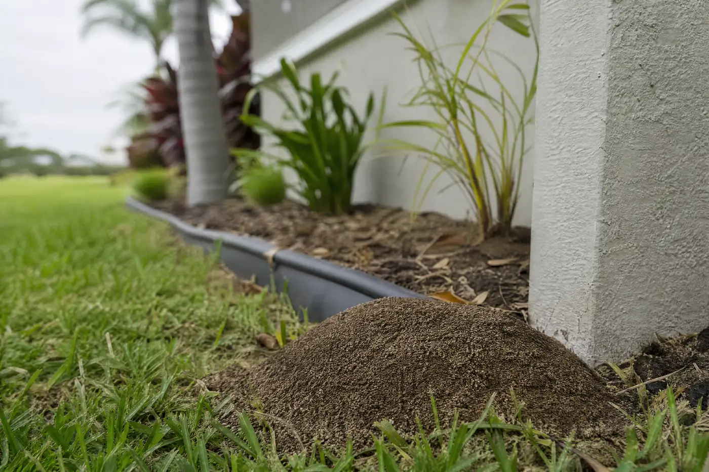 Fire-ant mound beside an irrigation edge and foundation planting in a Florida yard