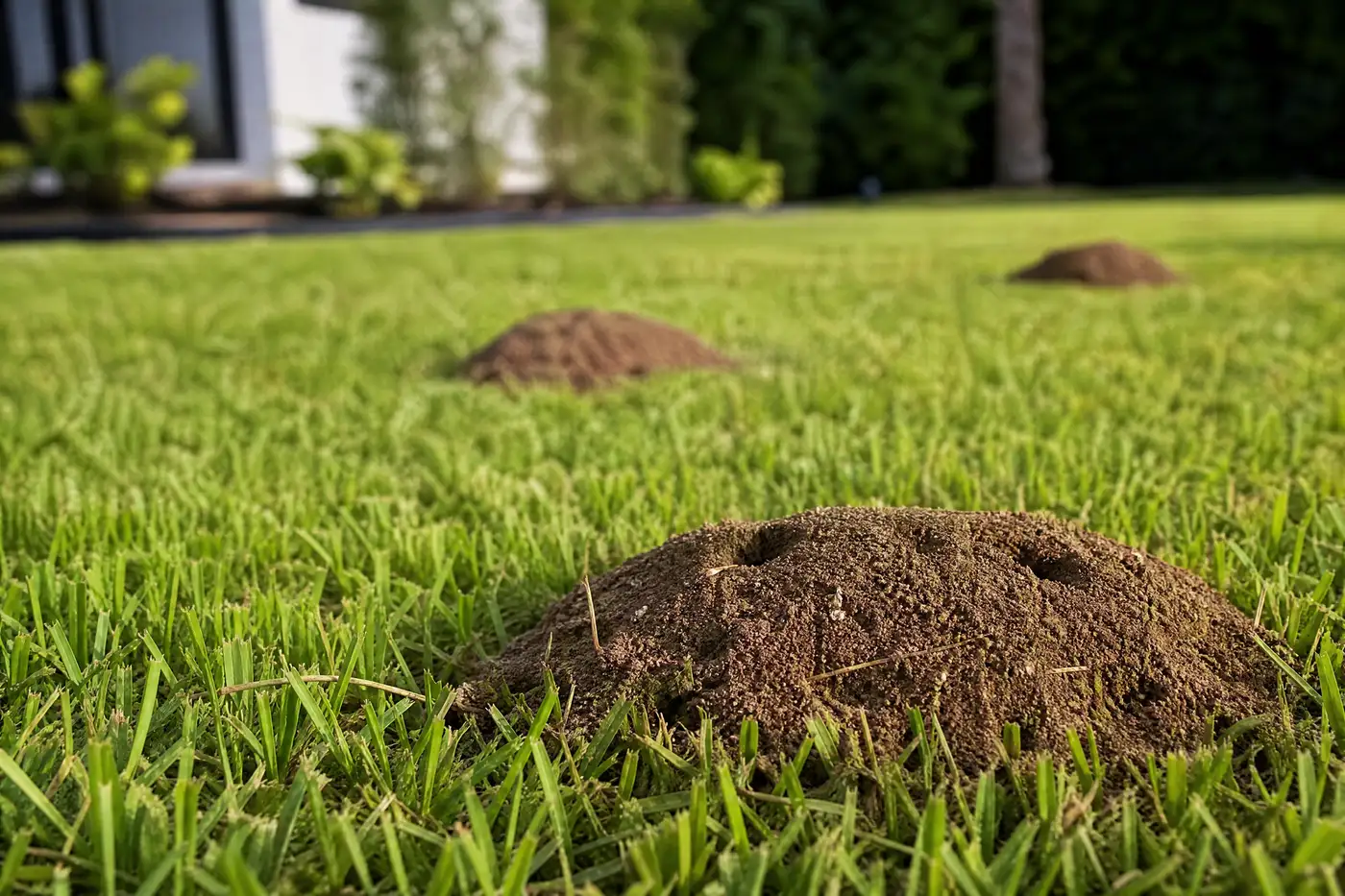 Several fire-ant mounds distributed along a sunny Florida lawn and landscape edge