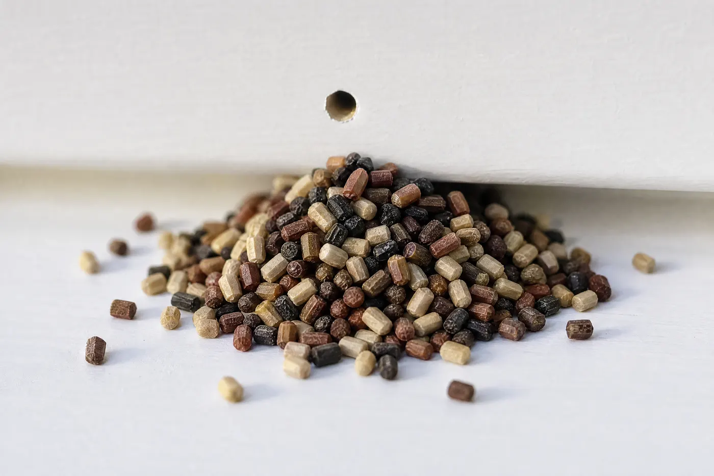 Extreme close-up of a small pile of hard six-sided pellets about a millimetre long, in mixed cream, brown and near-black tones, on a white painted windowsill below a single pinhole in the wood above