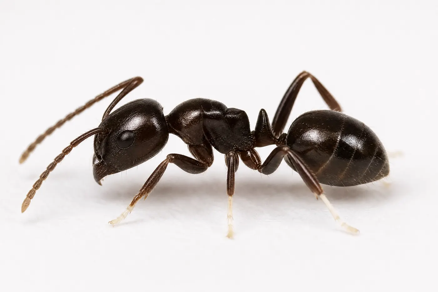 Extreme close-up of a white-footed ant in profile on a smooth white surface, showing a uniformly dark body with distinctly pale creamy-white feet on all six legs.