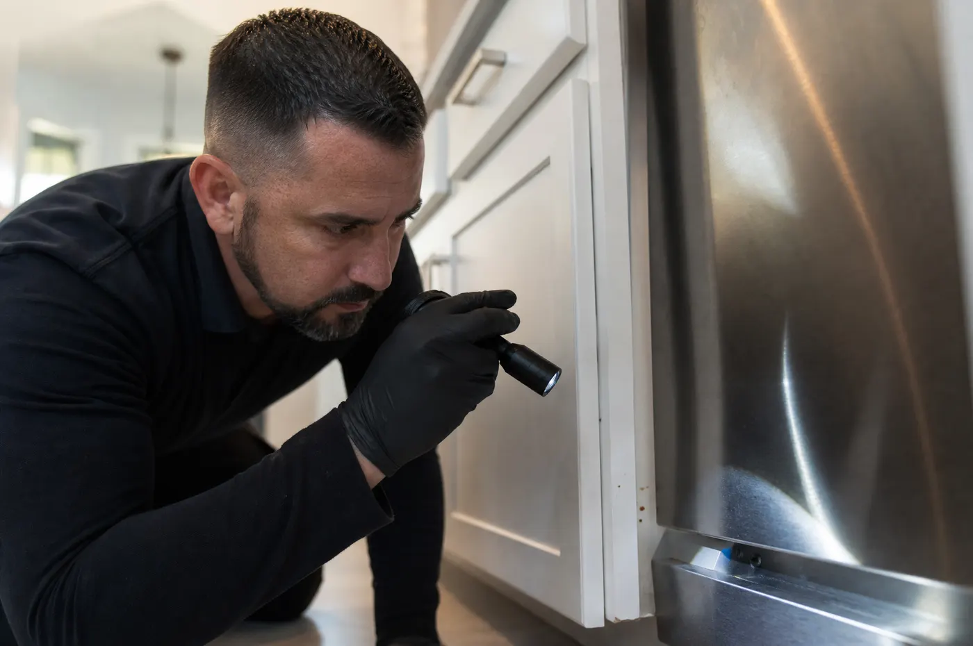 Flashlight inspection of a narrow appliance and cabinet seam where follow-up evidence can remain