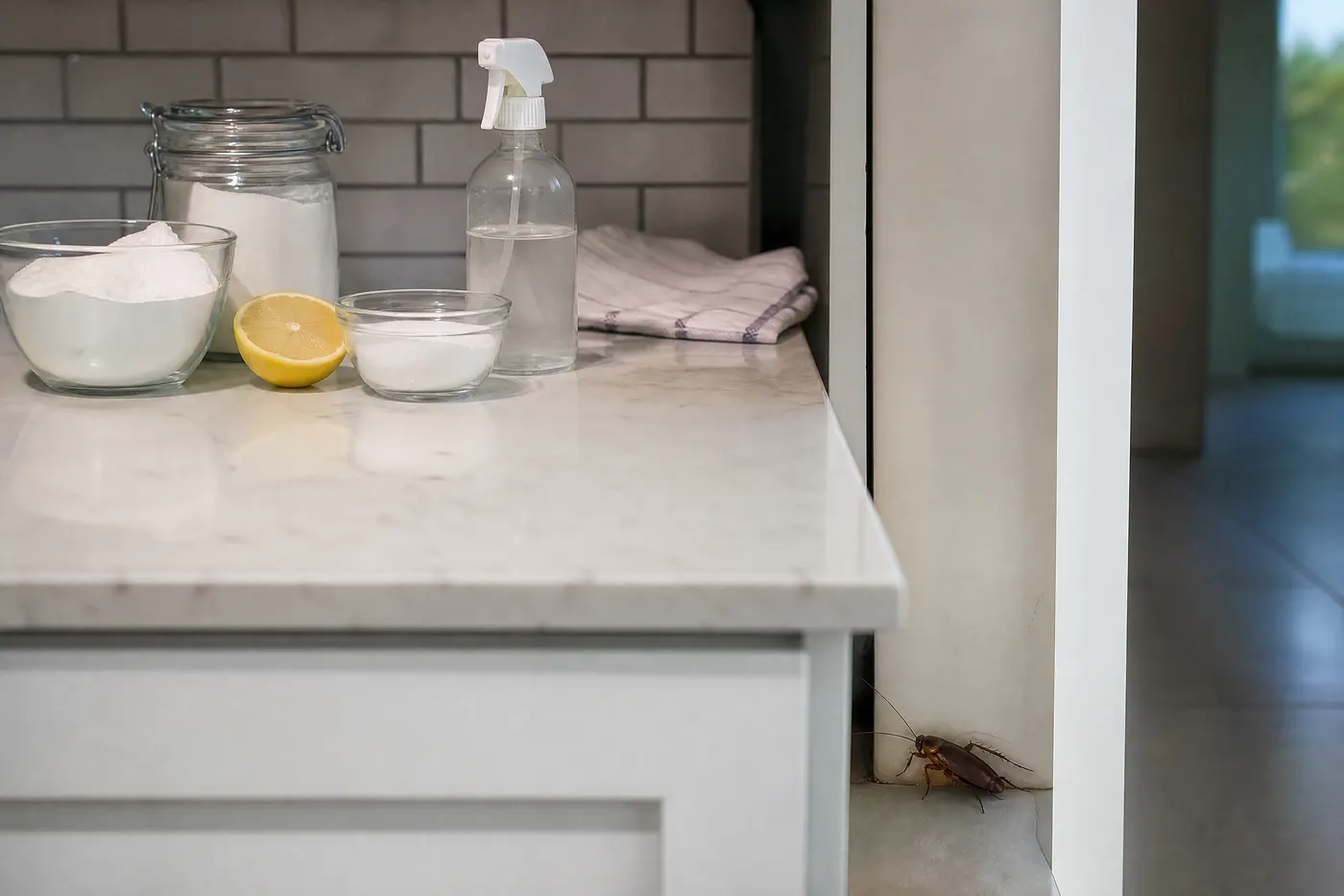 Clean kitchen counter with common household remedy ingredients kept separate from a protected roach route