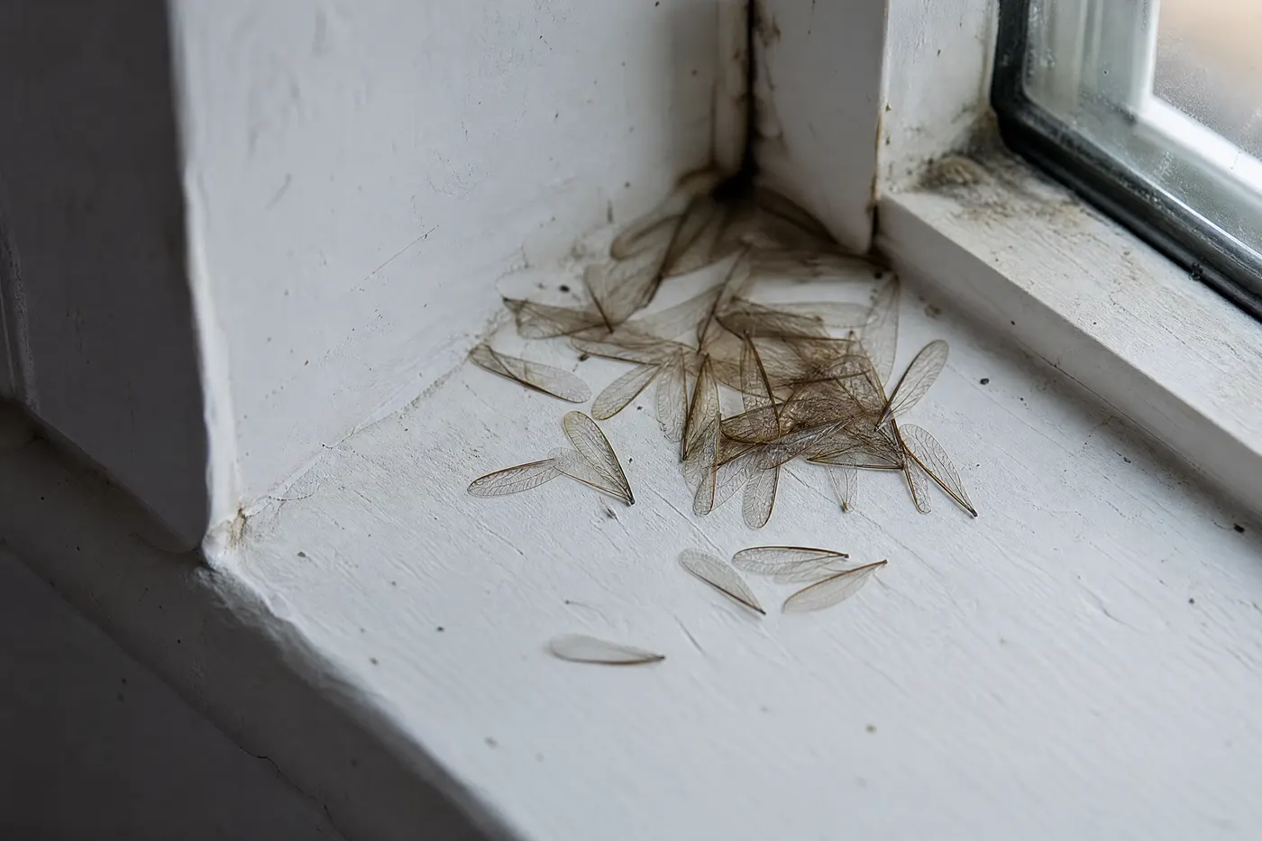 A scatter of discarded translucent insect wings of equal length collected in the corner of a white painted windowsill