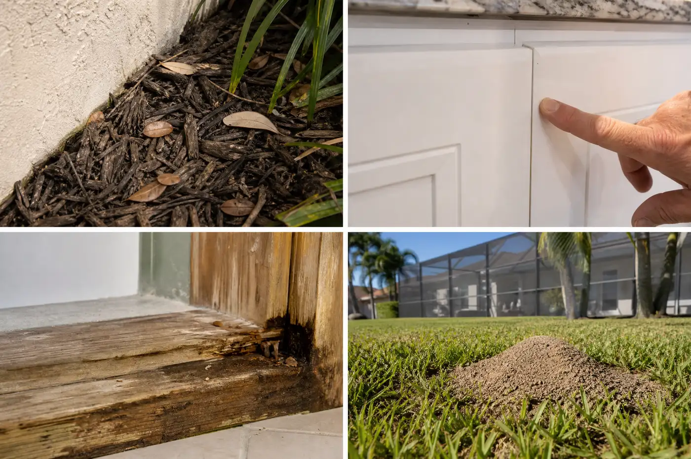 Ant habitat clues including mulch, a cabinet seam, damp wood and a sunny lawn mound