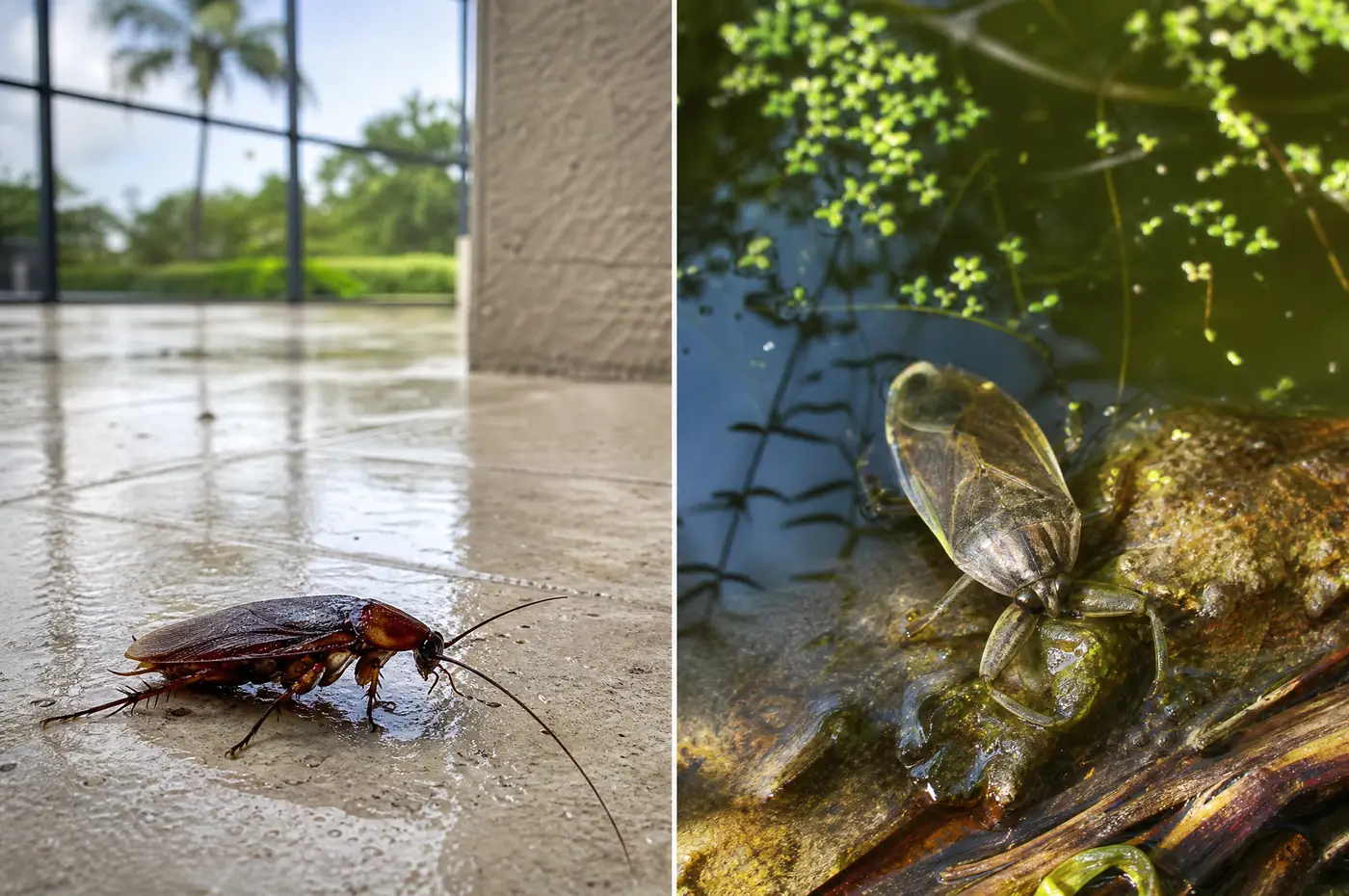 Large Florida cockroach on damp patio tile beside a true aquatic bug at a pond margin in separate settings