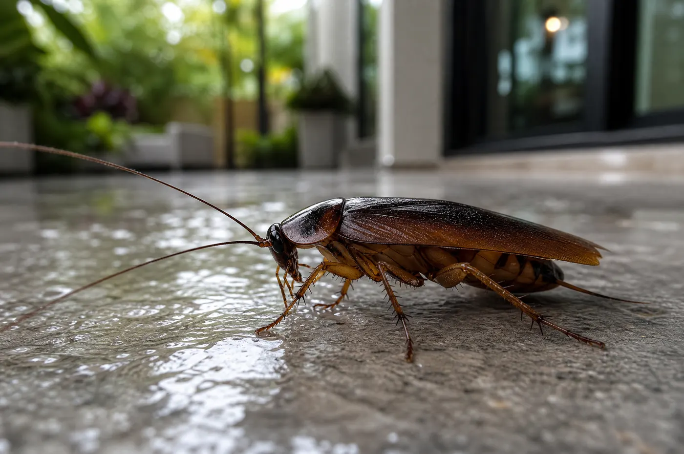 Large reddish-brown American cockroach on damp patio tile near a screened Florida home