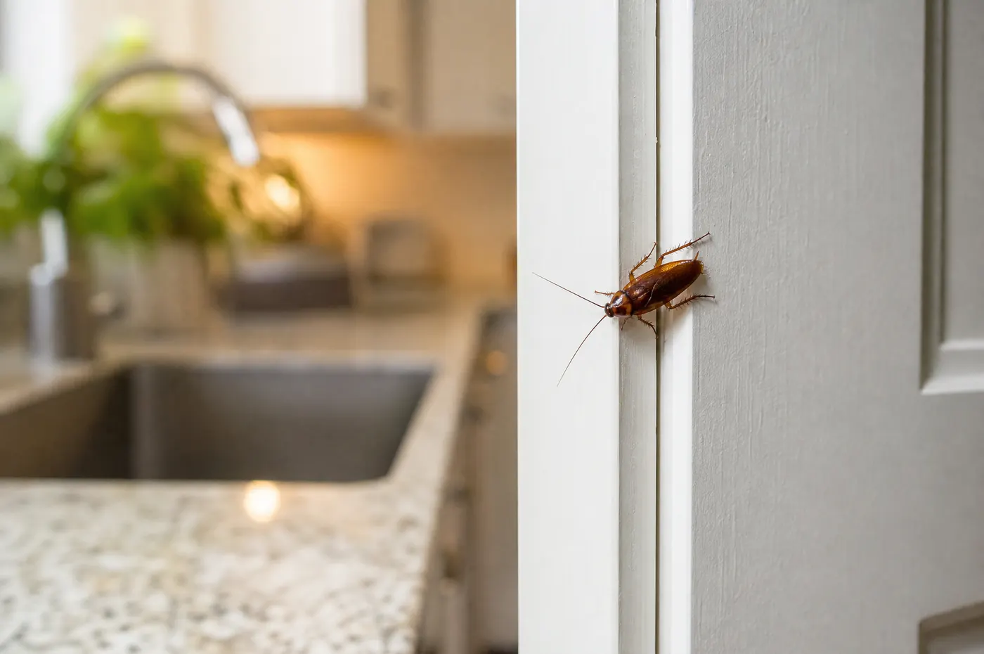 A small cockroach appearing along the clean edge of a kitchen cabinet after a surface spray