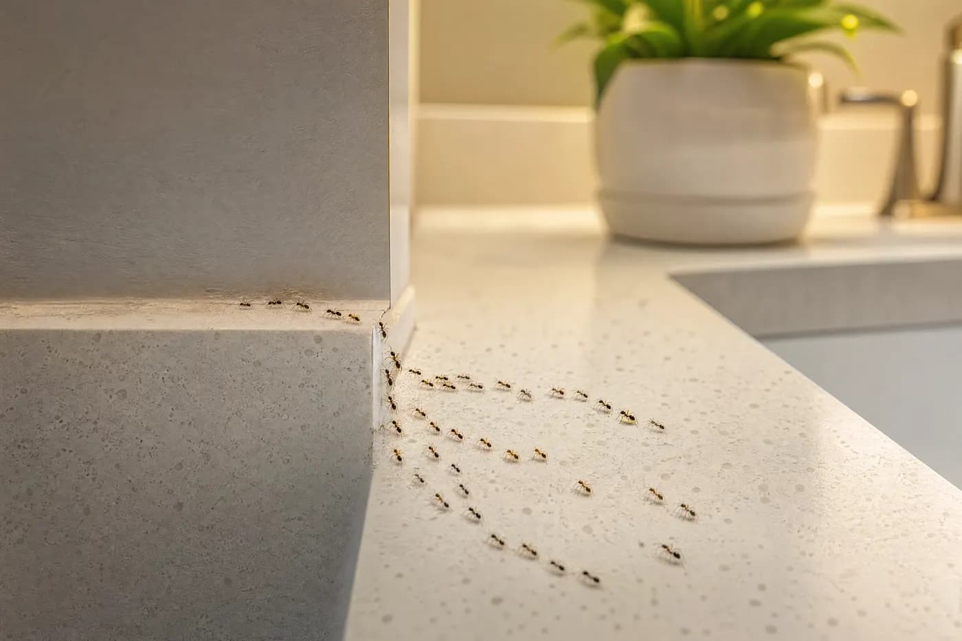 New ghost-ant trails branching from a wall edge toward a sink and potted plant