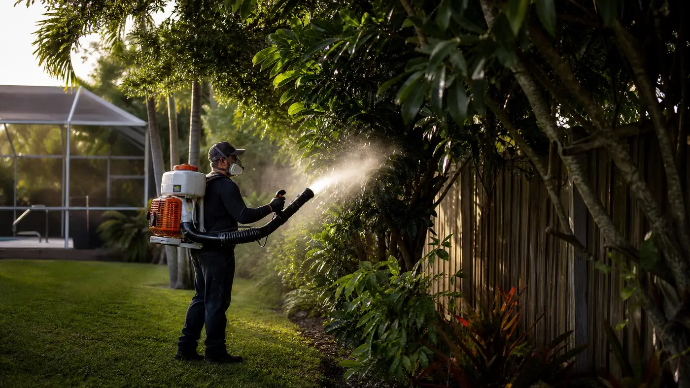 Technician treating shaded foliage along a backyard fence line with a backpack mist blower