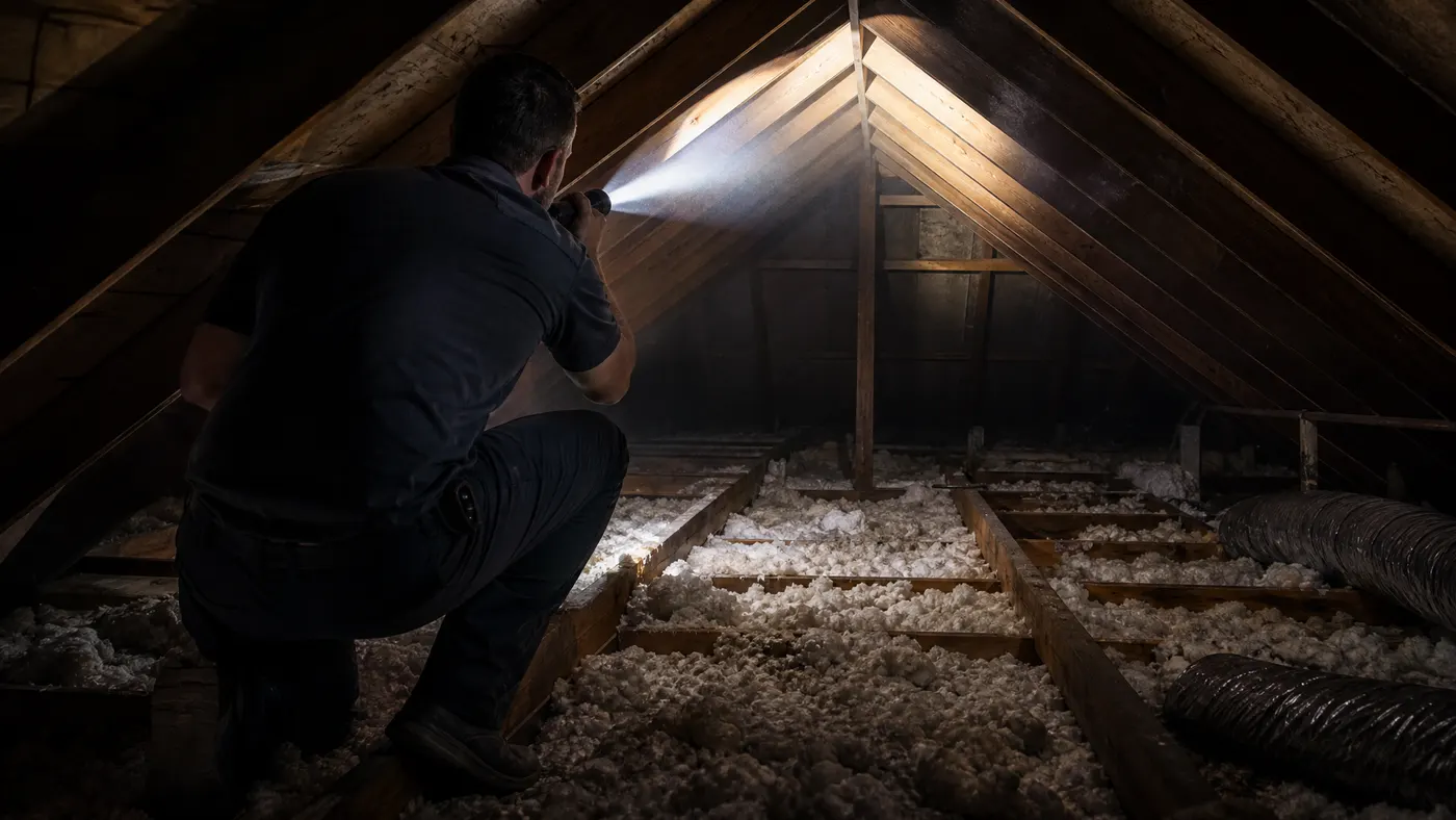 Technician inspecting attic rafters and insulation with a flashlight for roof rat activity