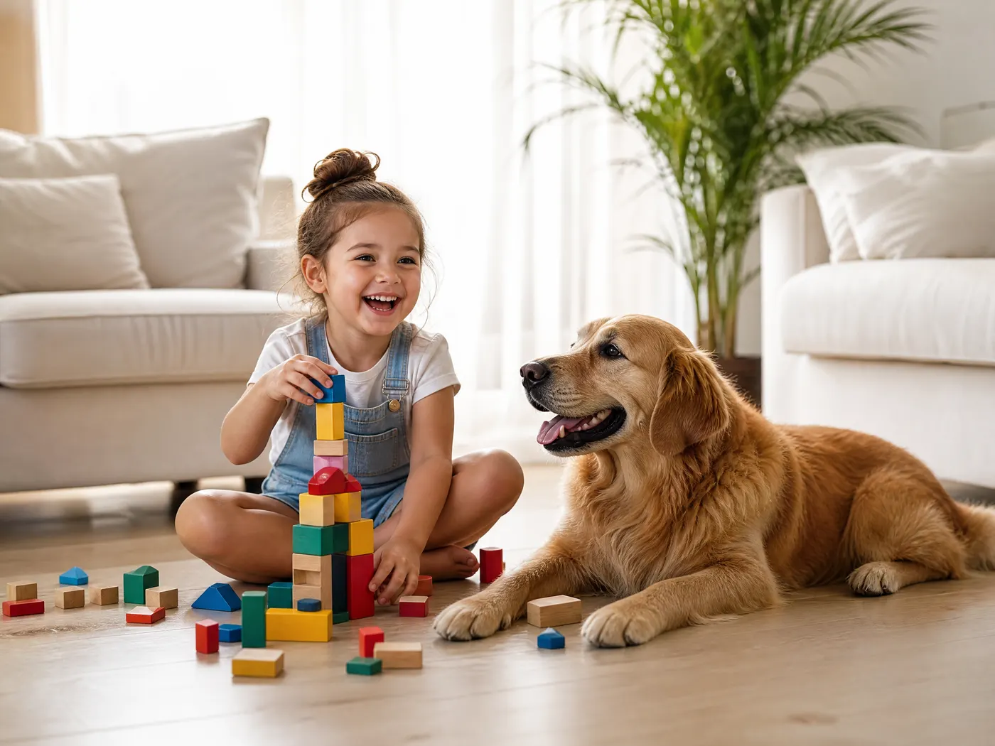 A young girl playing with wooden blocks in a sunny Florida living room while a golden retriever lies beside her watching